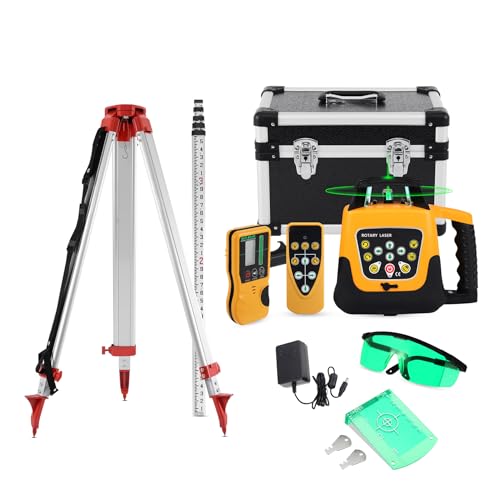 Iglobalbuy Automatic Self Leveling Green Rotary Laser Level 500m Range Kit with Surveying Tripod and Aluminum Grade Rod 16.4 Feet, Leveling Rotating Transit Laser Level Green Beam for Construction