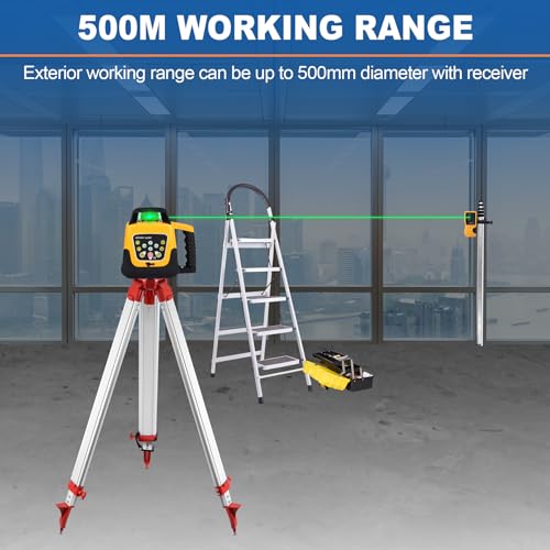 Iglobalbuy Automatic Self Leveling Green Rotary Laser Level 500m Range Kit with Surveying Tripod and Aluminum Grade Rod 16.4 Feet, Leveling Rotating Transit Laser Level Green Beam for Construction