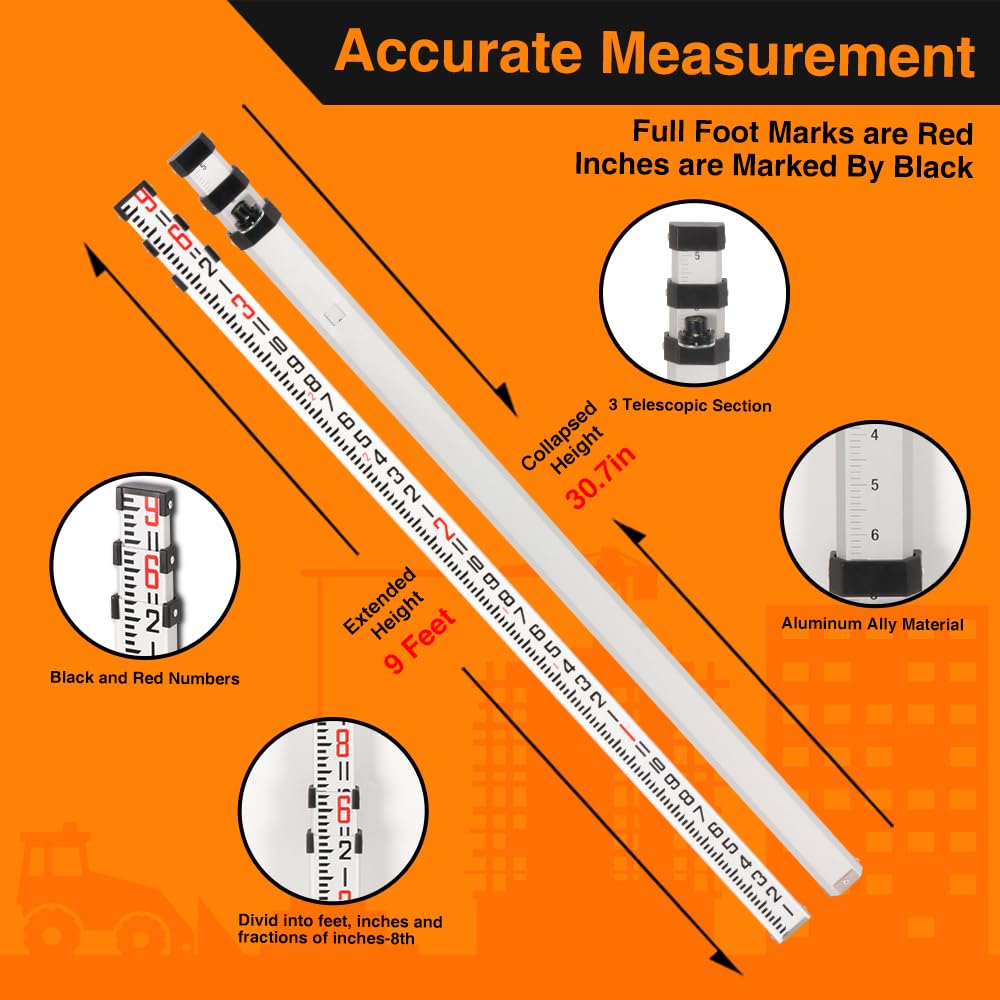 GEOLENI Aluminum Grade Rod - 8ths, with Carrying Case and Rod Level (9 Foot), Grading and Leveling Grade Rod is just 1mm Thick, just 42 inches Tall When collapsed, with Inch Scale at Back and Front