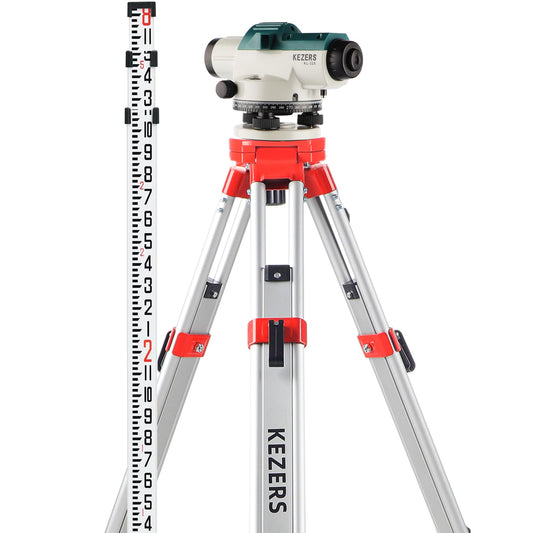 KEZERS 32X Automatic Optical Level Kit with Tripod,Self-Leveling Magnetic Dampened Compensator and Transport Lock,Aluminum Survey Tripod,9FT Grade Rod,Carrying Case